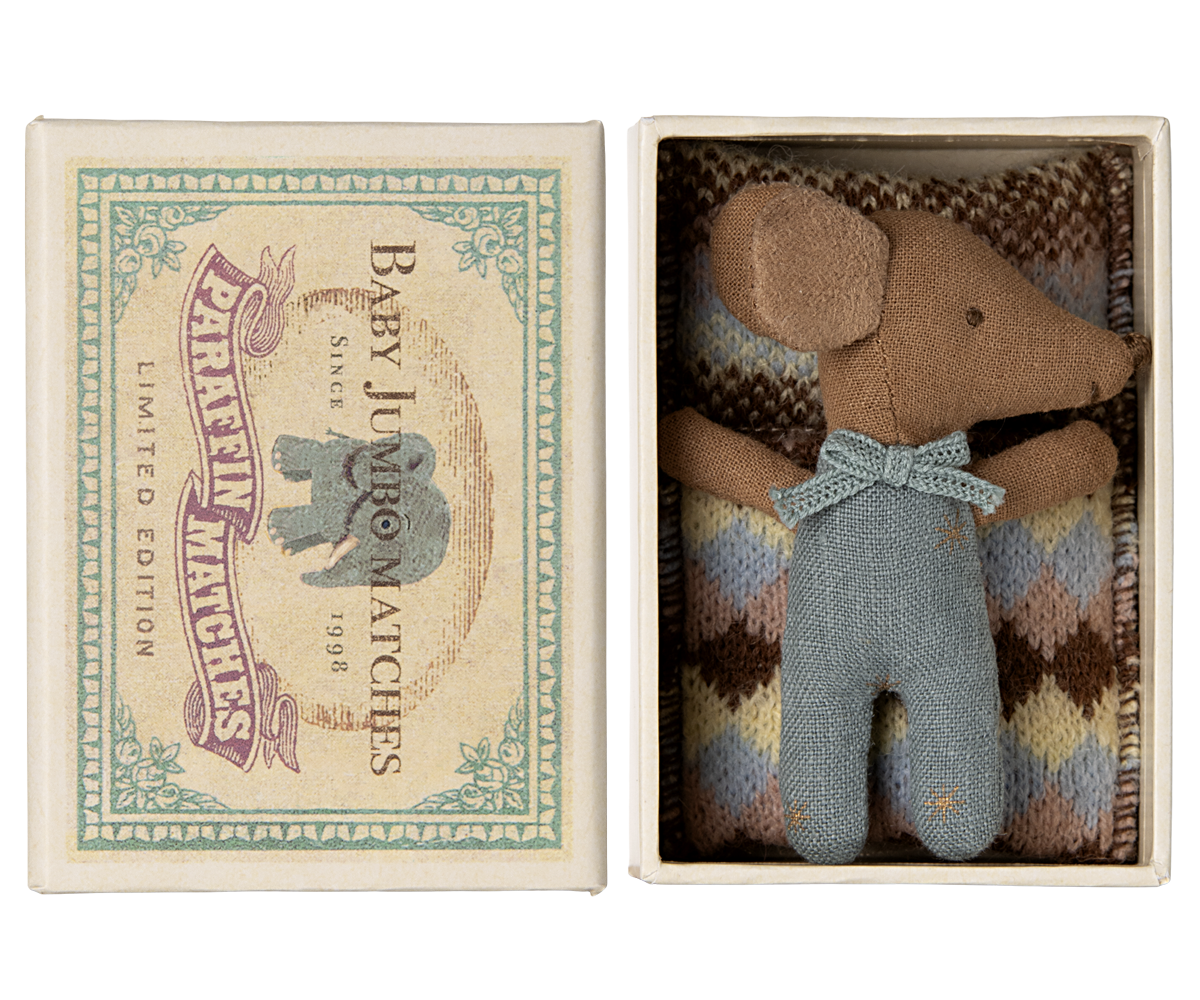 Maileg Sleepy Wakey Baby Mouse in Matchbox - Blue - Cheeky Junior