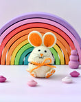 Load image into Gallery viewer, Tara Treasures Felt Egg Cover Hopping Bunny (Pink, Blue and Orange)
