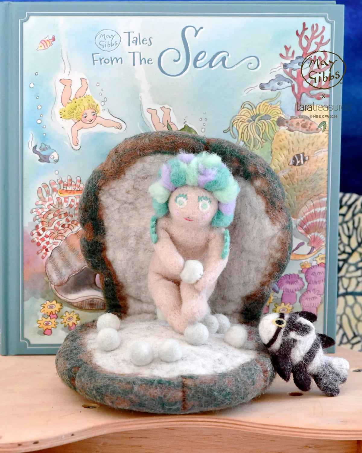 May Gibbs x Tara Treasures Little Obelia, Clam Shell and Fish Toy - Cheeky Junior